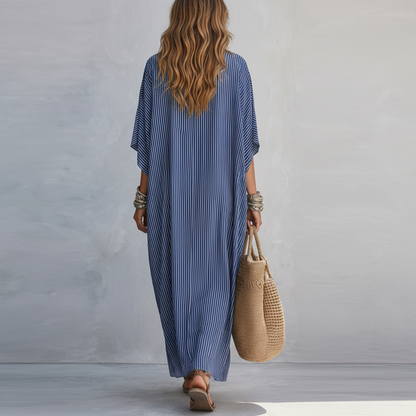 Pinna | Blue Pinstripe Summer Vacation Maxi Dress