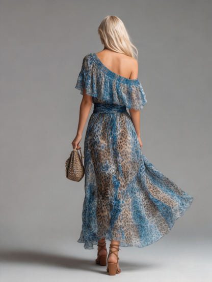 Leo | Off Shoulder Blå Leopard Print Sommermaxikjole til Kvinder