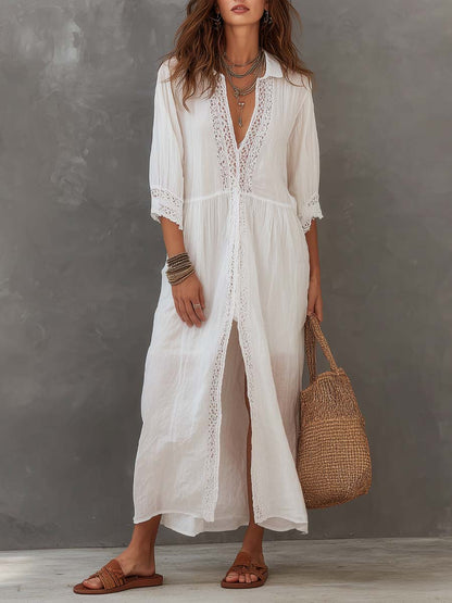 Lacey | Vintage Lace Trim Linen Vacation Midi Dress
