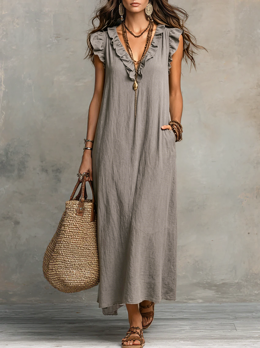 Ruffy | Sleeveless V-Neck Ruffle Boho Vacation Maxi Dress