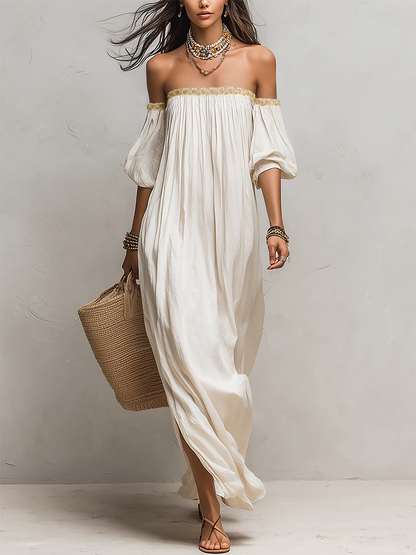 Pleat | Off Shoulder Pleated Boho Vacation Maxi Dress