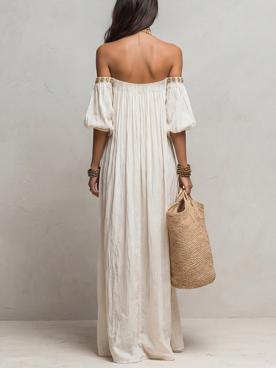 Pleat | Off Shoulder Pleated Boho Vacation Maxi Dress