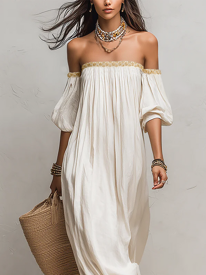 Pleat | Off Shoulder Pleated Boho Vacation Maxi Dress