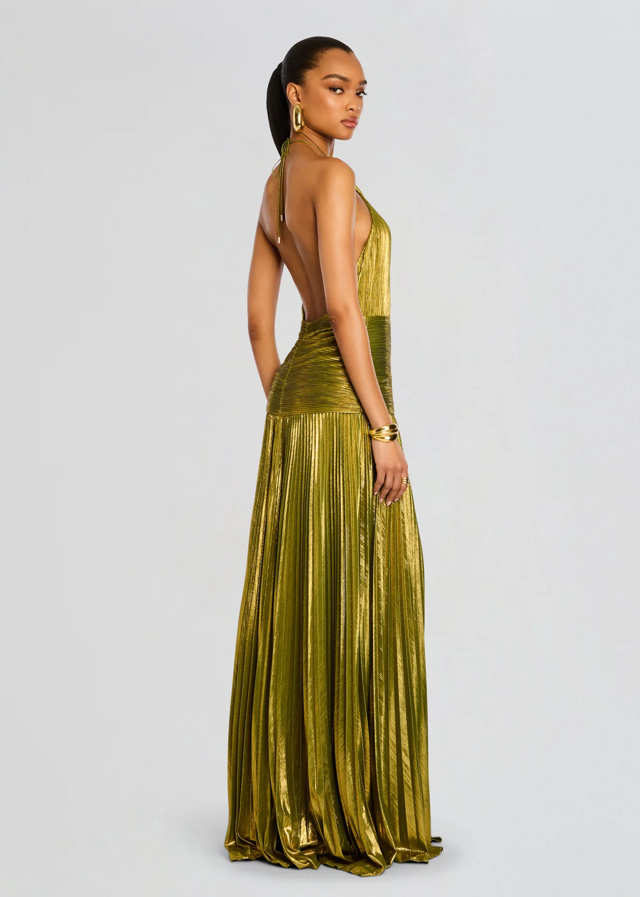Rebecca | Metallic Front-Pleated Halter Maxi Wedding Guest Dress