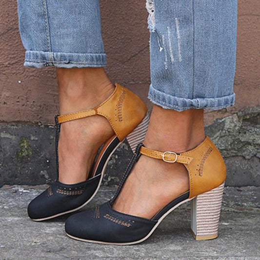 Callie | Two-Tone T-Strap Block-Heel Pumps