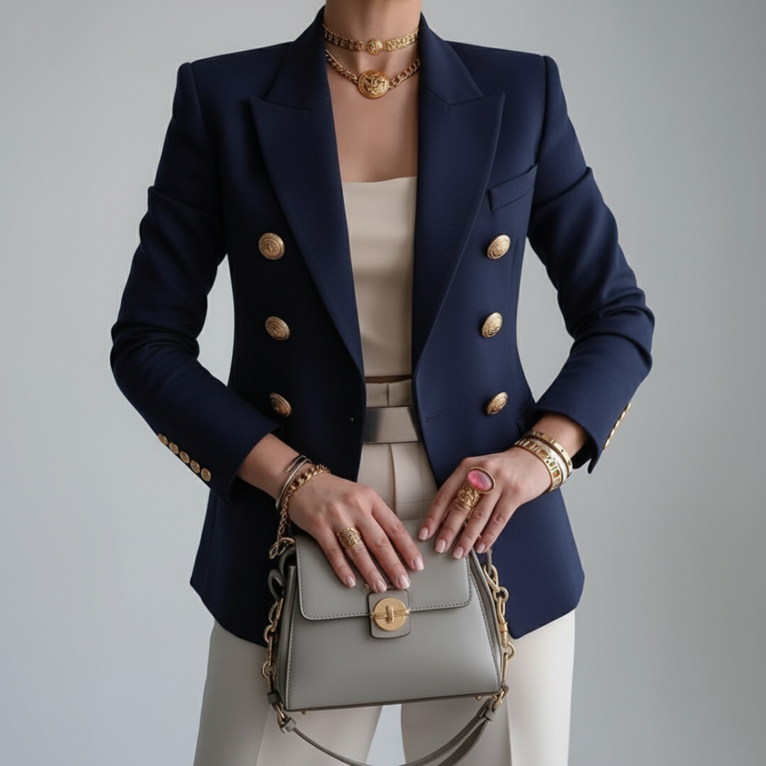 En Dobbeltradet Blazer med Guldknapper