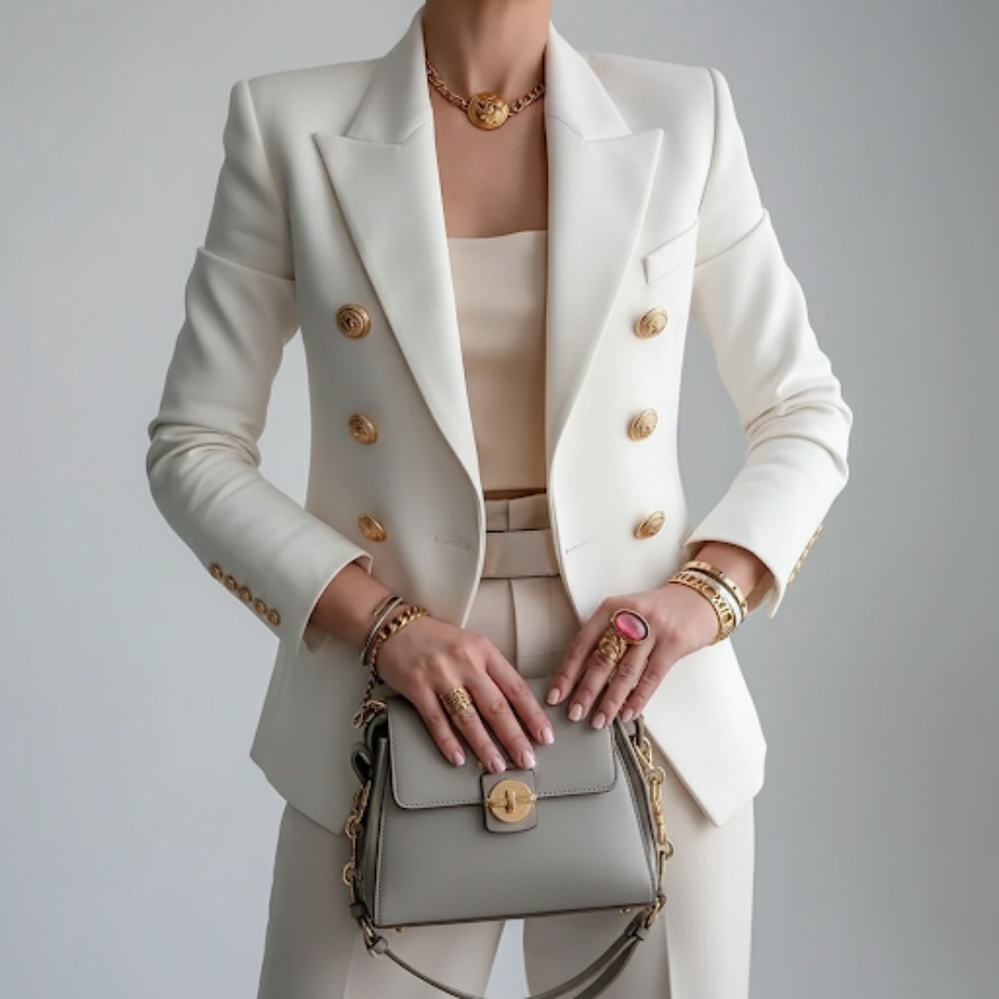 En Dobbeltradet Blazer med Guldknapper