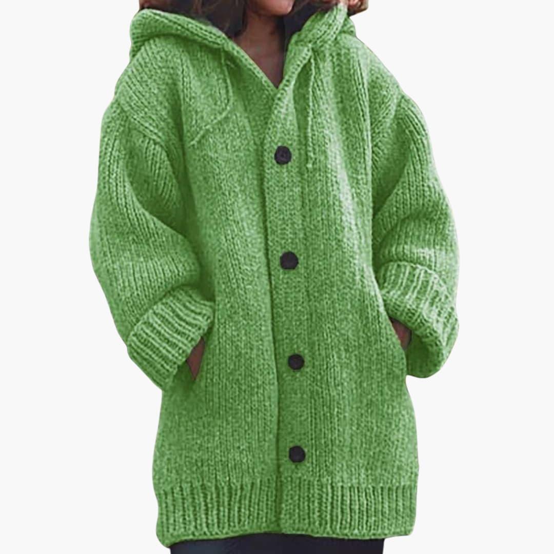 En Lang Cardigan med Hætte og Åben Front