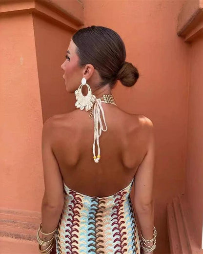 Devon | Crochet Halter-Neck Open Back Maxi Vacation Dress