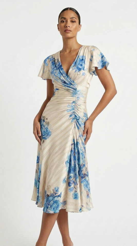 Brielle | Floral Ruched Wrap Wedding Guest Midi Dress