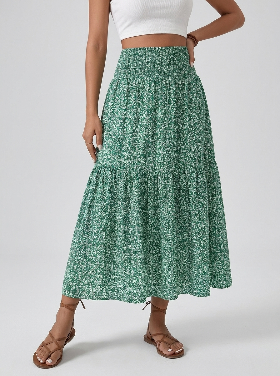 Mona | Blomstret Nederdel Med Smock Talje Lang Maxinederdel