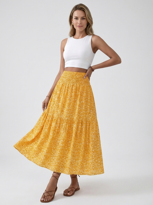 Mona | Blomstret Nederdel Med Smock Talje Lang Maxinederdel