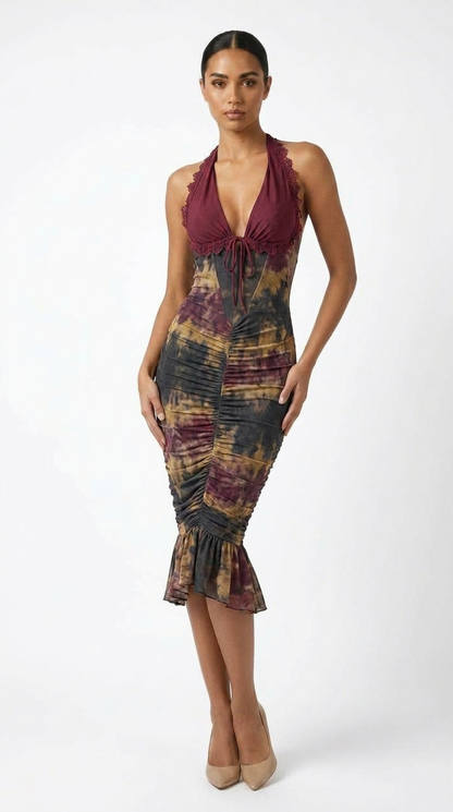 Indie | Ruched Halter Backless Lace Bodycon Midi Dress