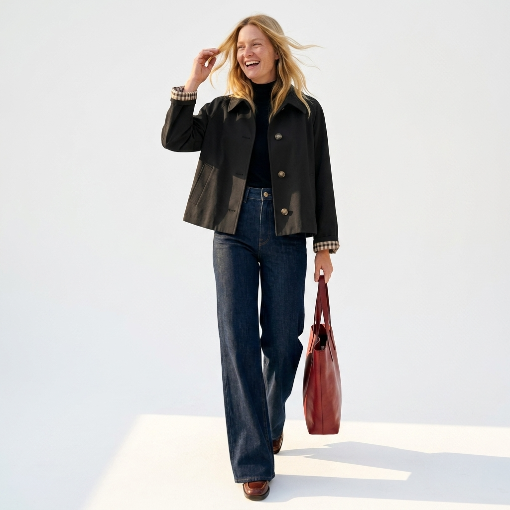 En Kort Oversized Trenchjakke med Ternet For