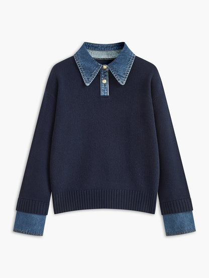 Mia | Women's Knit Polo with Denim Collar