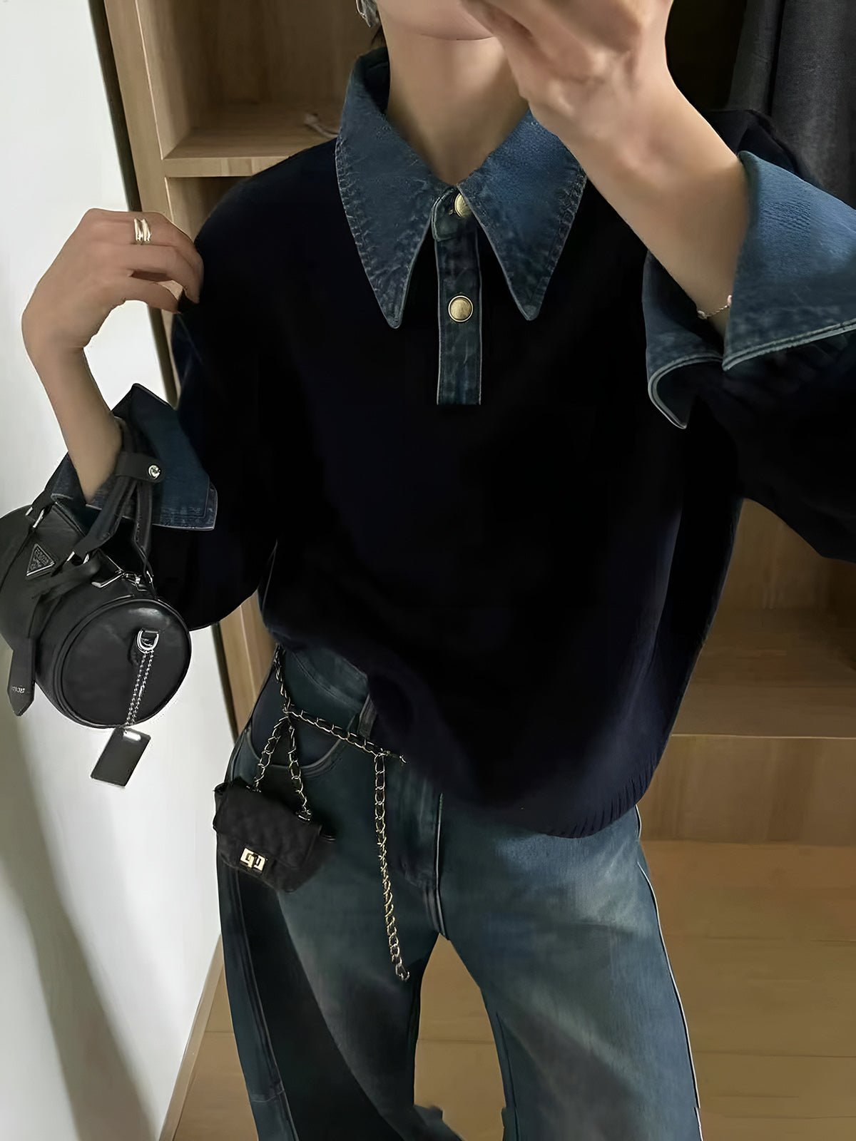 Mia | Women's Knit Polo with Denim Collar