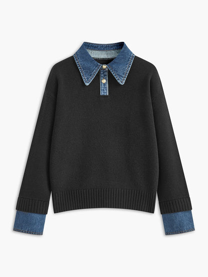 Mia | Women's Knit Polo with Denim Collar