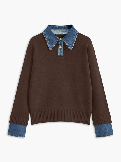 Mia | Women's Knit Polo with Denim Collar