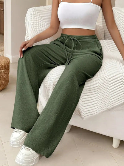 Charlie | Soft-Weave Linen Drawstring High Waist Wide Leg Pants